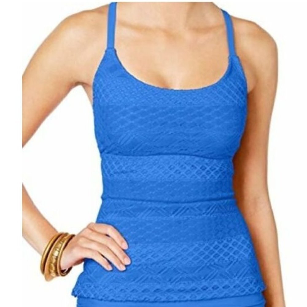 Island Escape Women's Swimsuit Crochet Strappy Tankini Top Blue Size 6 NWT - Picture 5 of 6